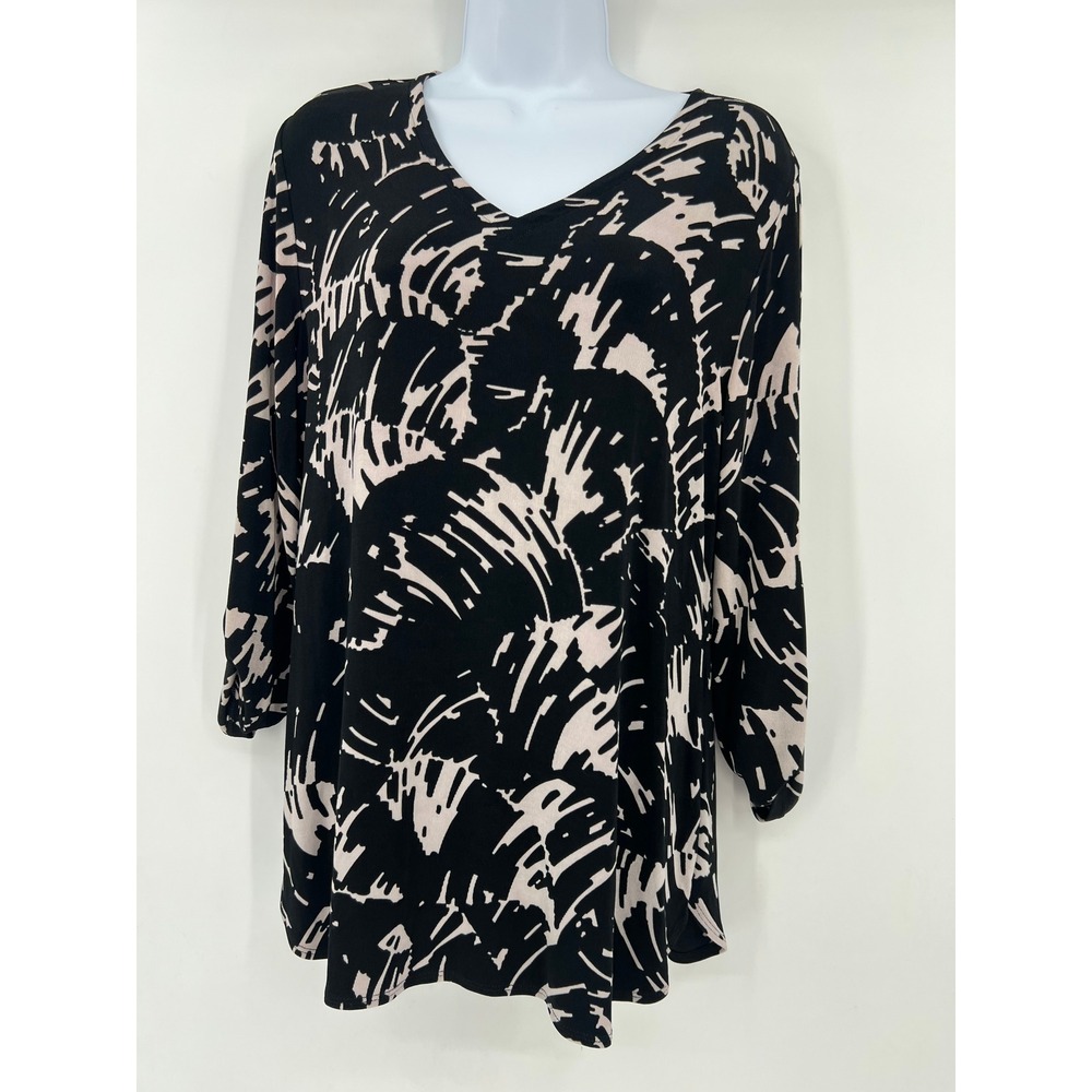 Chicos Travelers Womens 1 Medium Black Tan Abstract V-Neck Roll Tab Tunic Top